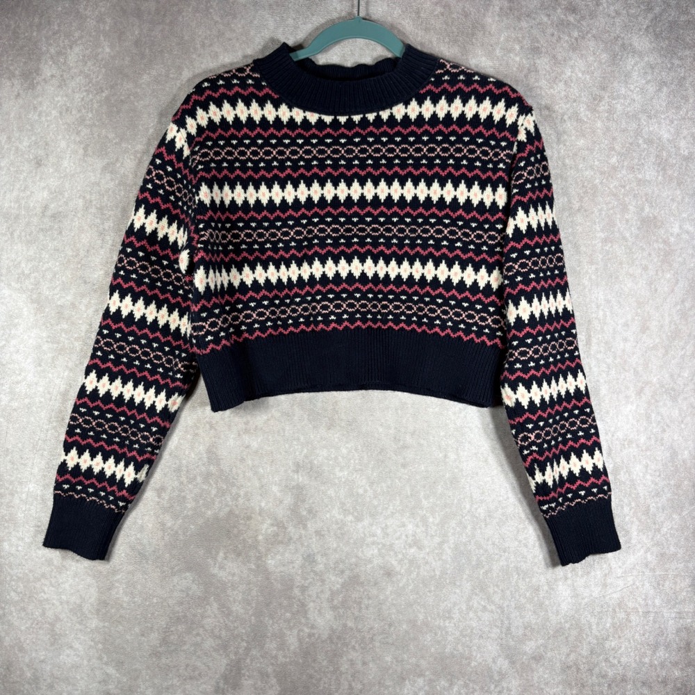 Aritzia Sunday Best Sweater XS Navy Pink Fair Isle Crop Crew Neck Boho Festival